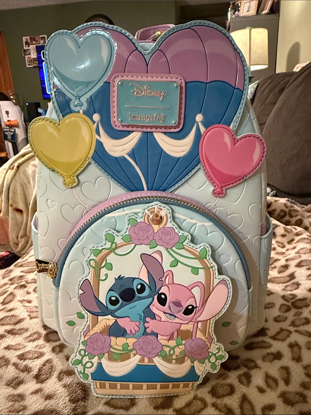 Loungefly Blue Pink & Cream Stitch and Angel Heart Balloon Mini Backpack - Picture 1 of 6